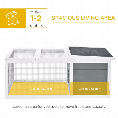White and gray wooden rabbit hutch with sturdy wooden frame, mesh enclosure, black roof, and yellow base panels for guinea pig use