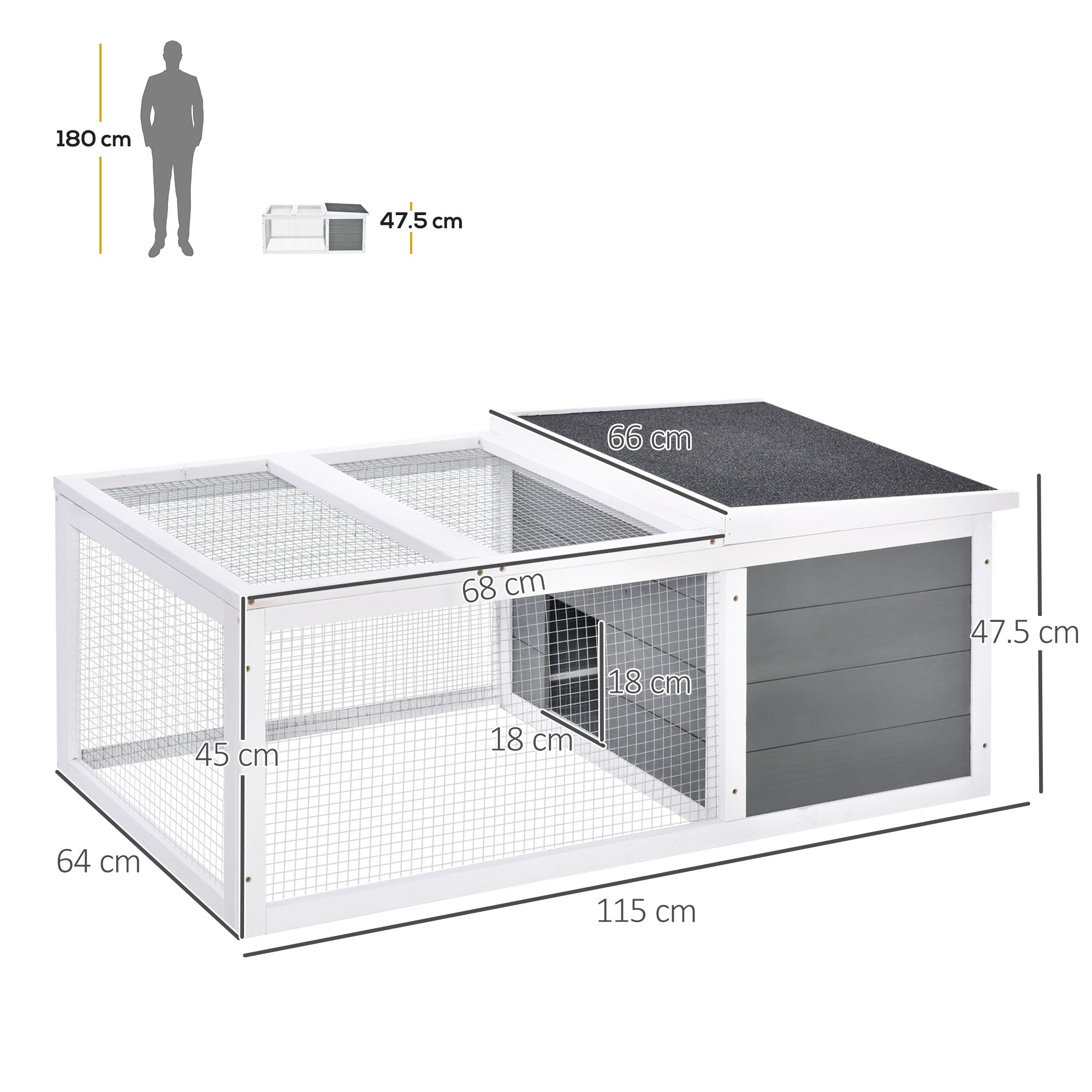 White and gray wire mesh rabbit hutch with sturdy wooden frame and solid roof panel for guinea pig or small animals