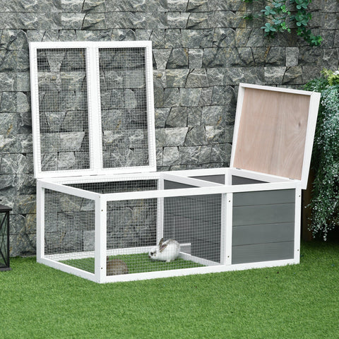 White and gray pawhut rabbit hutch with sturdy wooden frame and wire mesh panels for guinea pig indoor outdoor use