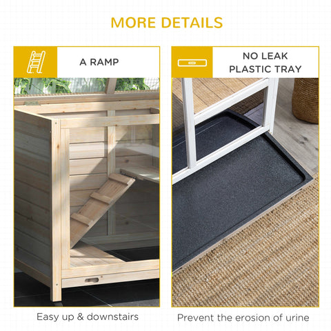 PawHut Rabbit Hutch Indoor Wooden Guinea Pig House Hamster Cage with Wheels, 2 Layers Bunny Cage with Openable Roof, 91.5 x 53.3 x 73 cm, Natural
