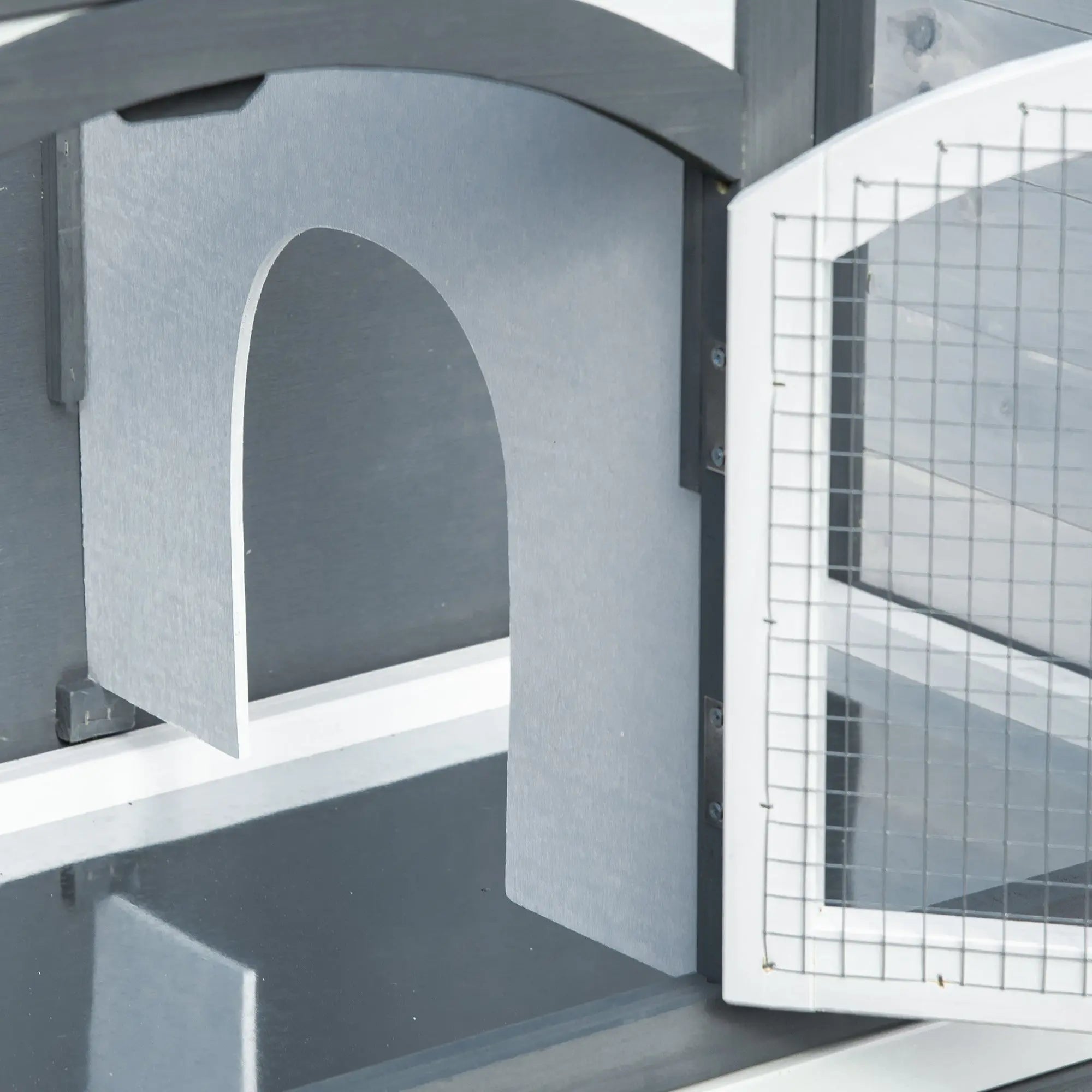 Gray arched panel with smooth matte finish and clean lines on pawhut 2 tier wooden rabbit hutch 39w x 45h outdoors