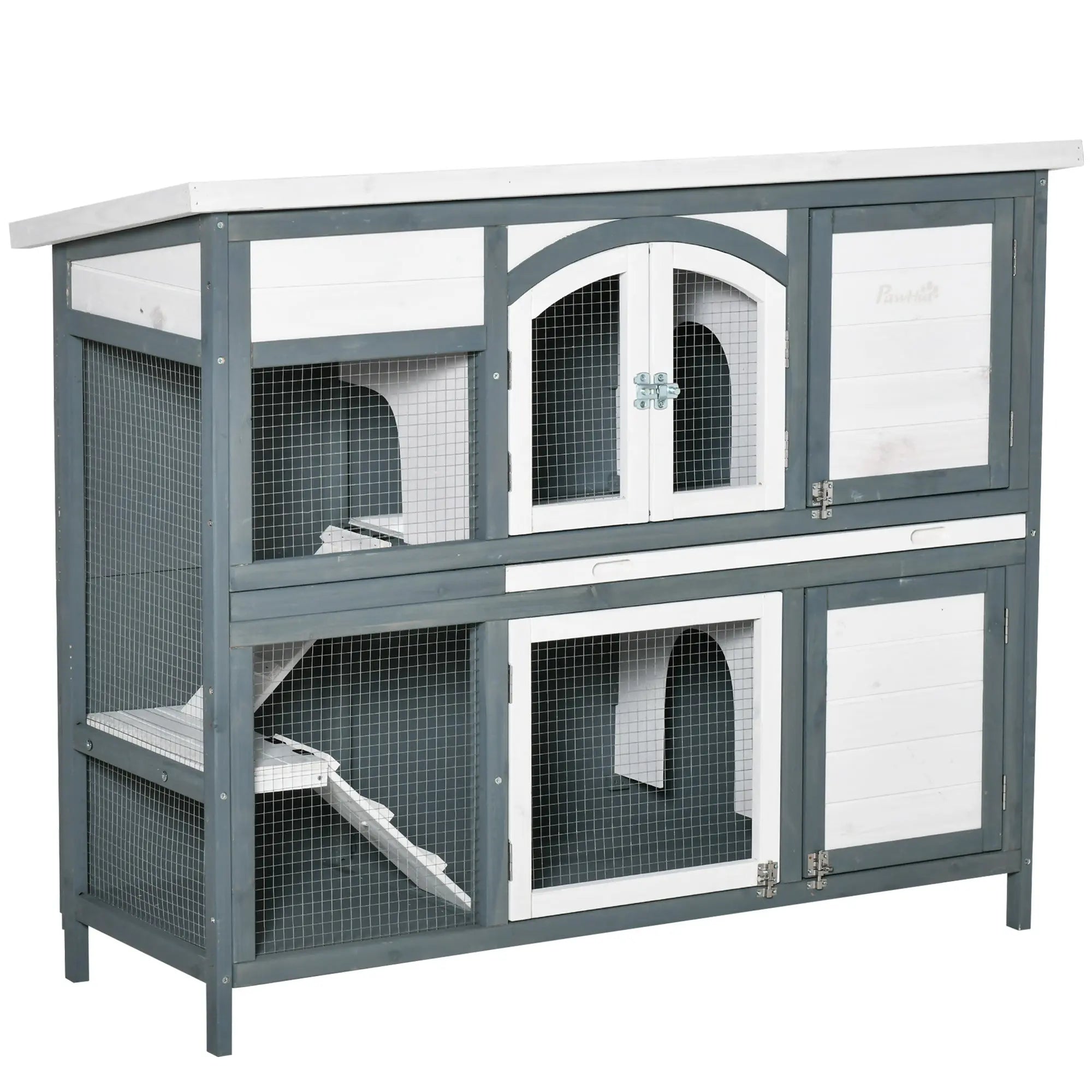 Two-tiered grey and white wooden pawhut rabbit hutch with wire mesh doors and ramp 39w x 45h x 42l cm