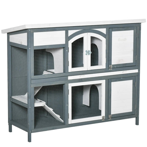 Two-tiered grey and white wooden pawhut rabbit hutch with wire mesh doors and ramp 39w x 45h x 42l cm