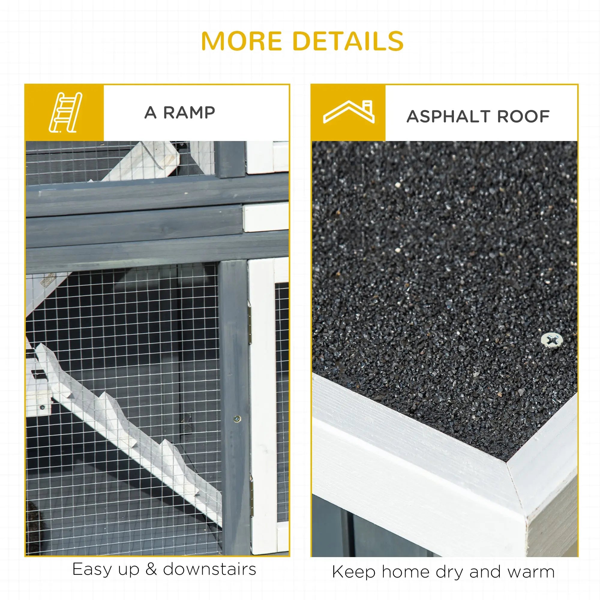 Gray metal ramp with white mesh sides on pawhut rabbit hutch outdoor guinea pig cage 39w x 45h frame