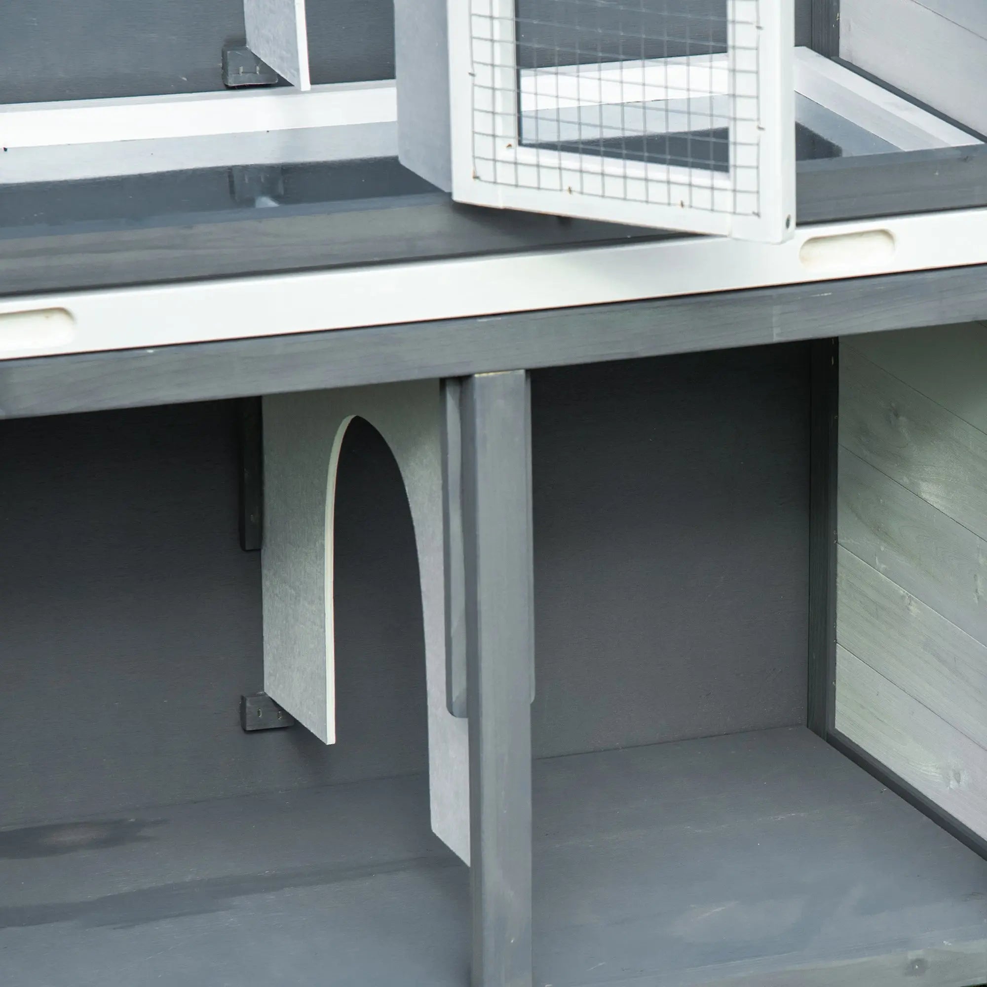 Gray plastic pawhut rabbit hutch with white mesh window and arched entrance 39w x 45h outdoor wooden cage