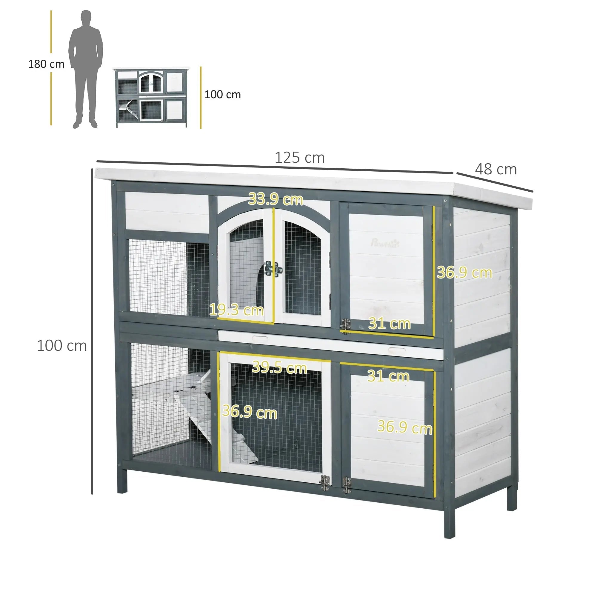 Two-tiered gray and white wooden pawhut rabbit hutch with mesh panels and ramp 125 x 48 x 100cm for outdoor use