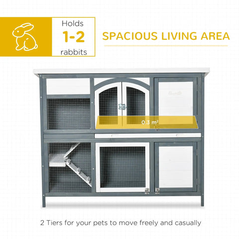 Pawhut two-tier wooden rabbit hutch grey with arched glass doors ramp and wire mesh panels 39w x 45h