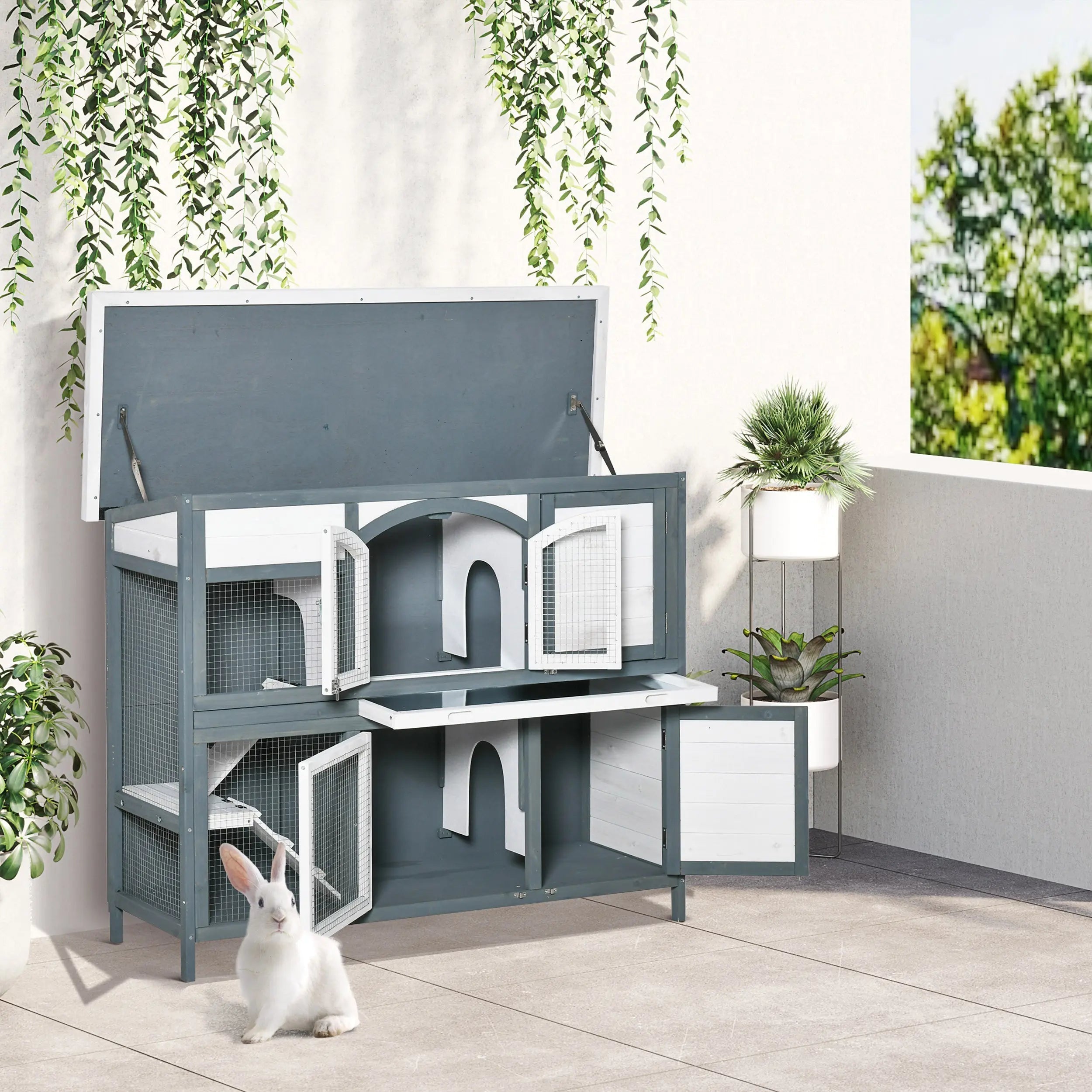 Gray and white pawhut two-level wooden rabbit hutch with mesh panels and arched entryways 39w x 45h
