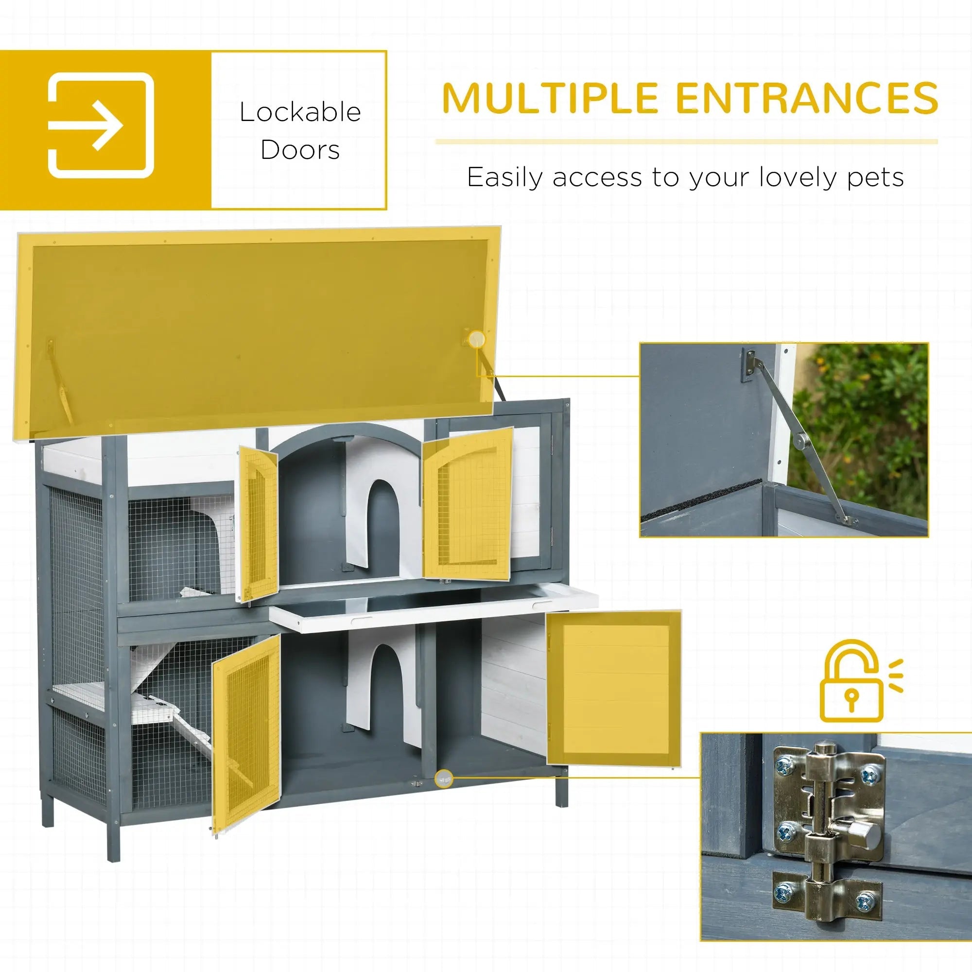 Gray and yellow pawhut 2 tier wooden pet cage with lockable doors and ramp for rabbits 39w x 45h cm