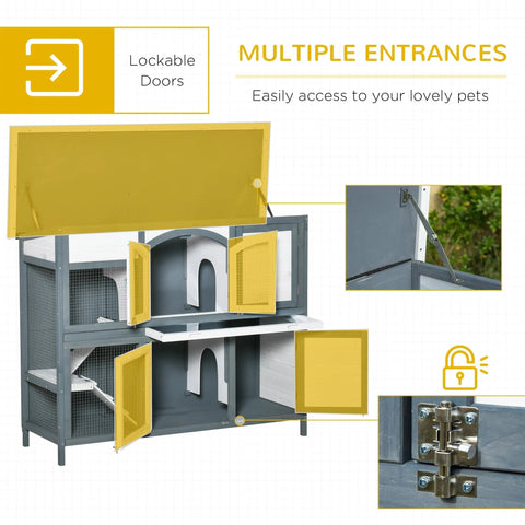 Gray and yellow pawhut 2 tier wooden pet cage with lockable doors and ramp for rabbits 39w x 45h cm