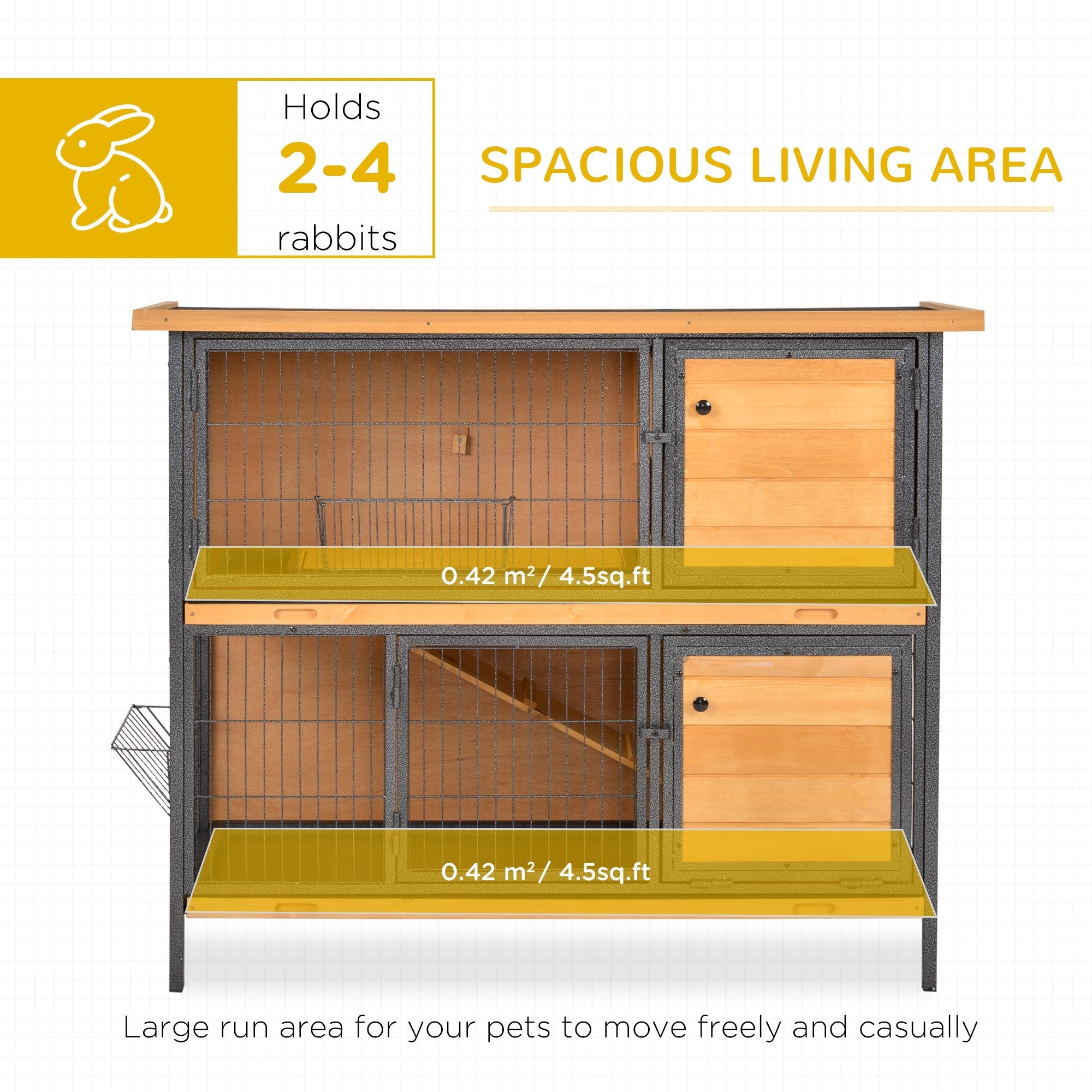 Two-tiered pawhut rabbit hutch with lockable doors black metal frame fir wood panels and wire mesh sides light yellow