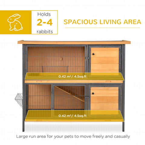 Two-tiered pawhut rabbit hutch with lockable doors black metal frame fir wood panels and wire mesh sides light yellow