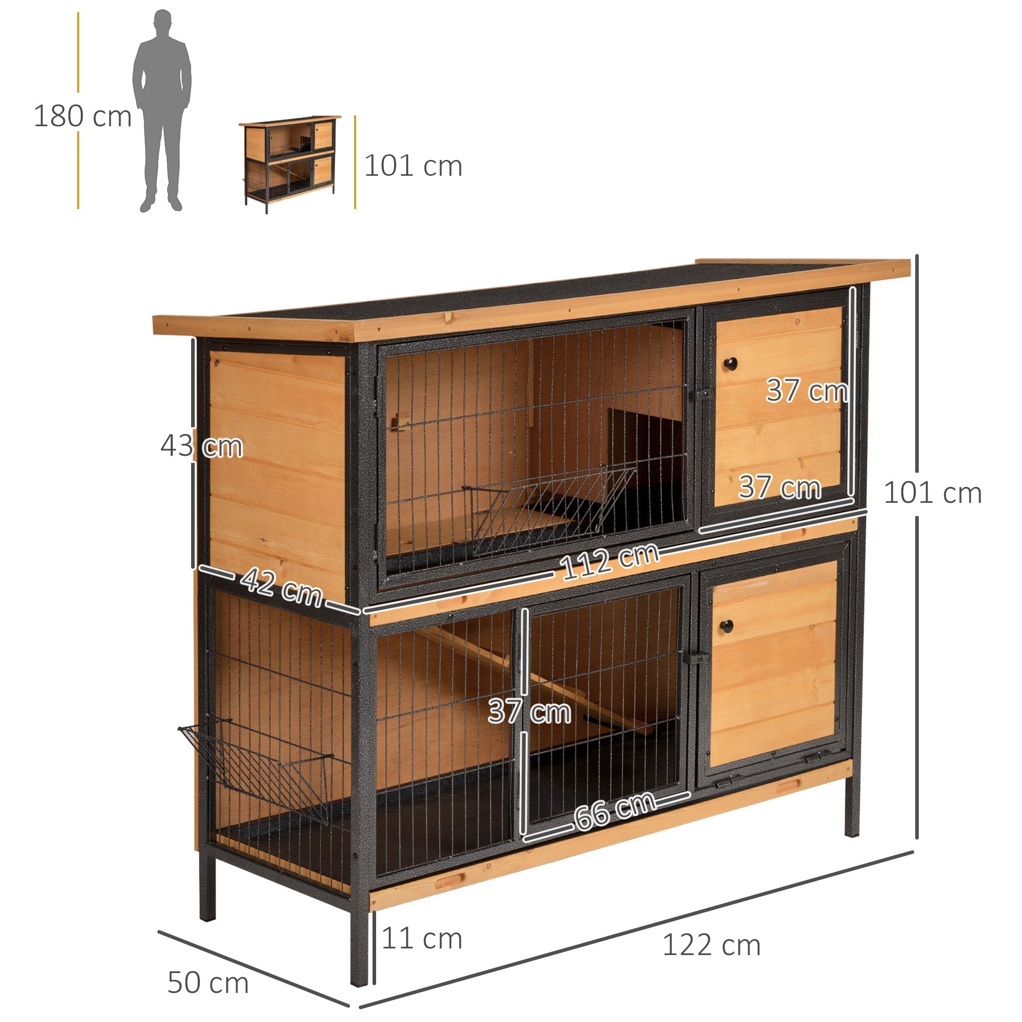 Two-tiered pawhut rabbit hutch with lockable doors fir wood light yellow metal frame and wire mesh panels