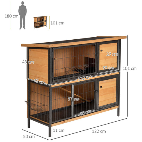 Two-tiered pawhut rabbit hutch with lockable doors fir wood light yellow metal frame and wire mesh panels