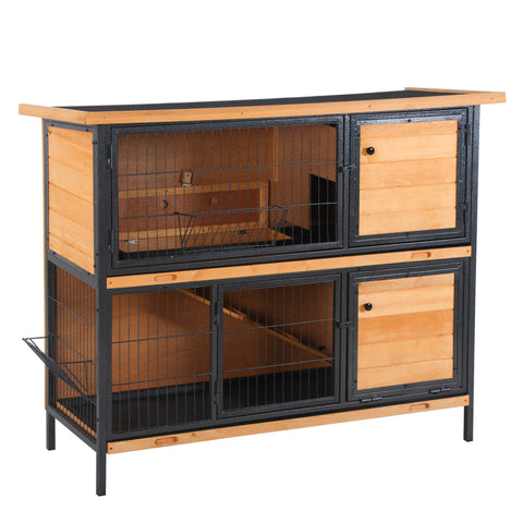 Two-tiered pawhut rabbit hutch with fir wood lockable doors metal frame and openable roof light yellow color