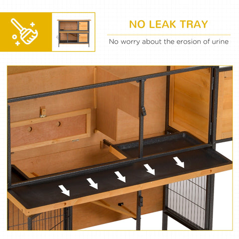 Black plastic no leak tray with arrows shows urine flow in pawhut bunny cage metal frame with lockable doors fir wood sides