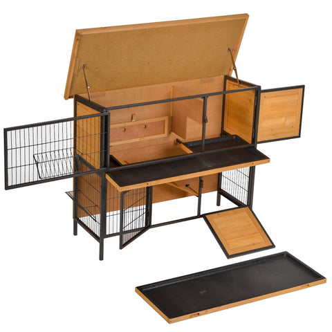 Pawhut multi-level rabbit hutch with fir wood, metal frame, lockable doors, removable tray, and wire mesh panels in light yellow