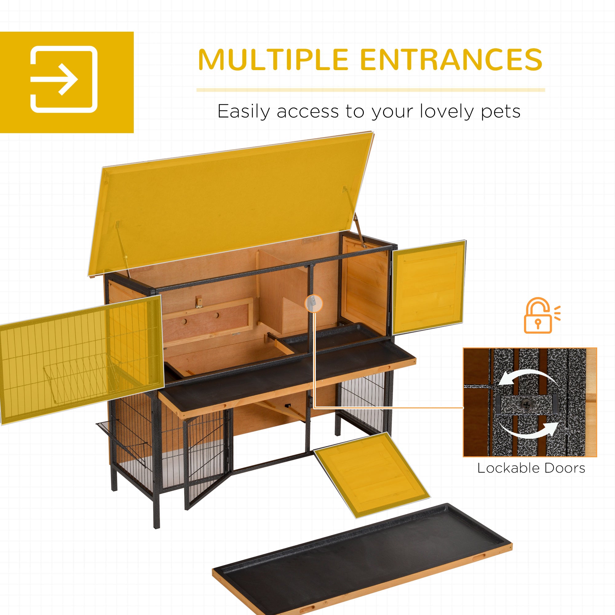 Yellow and black pawhut multi-entrance pet cage with lockable doors metal frame and fir wood for outdoor use