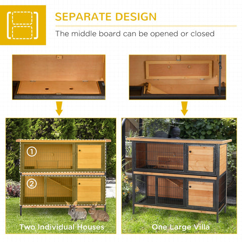 Wooden pawhut rabbit hutch with fir wood, metal frame, lockable doors, wire mesh panels, and removable middle board in light yellow