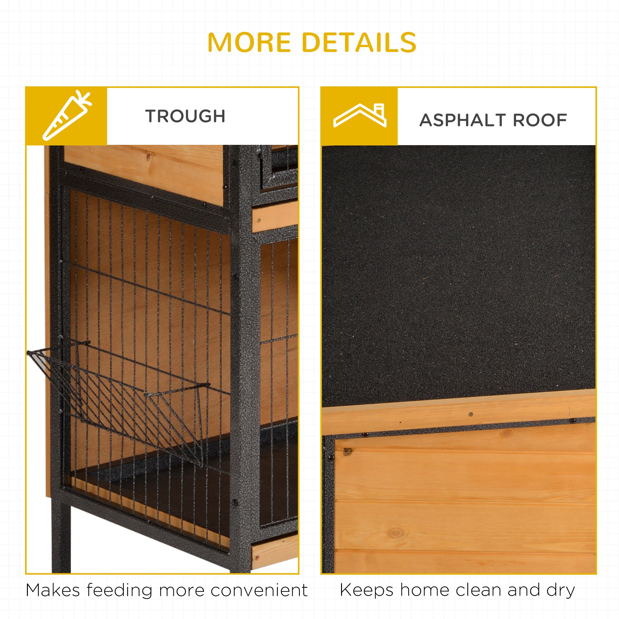 Black metal frame rabbit hutch with fir wood interior lockable doors and asphalt roof for outdoor use