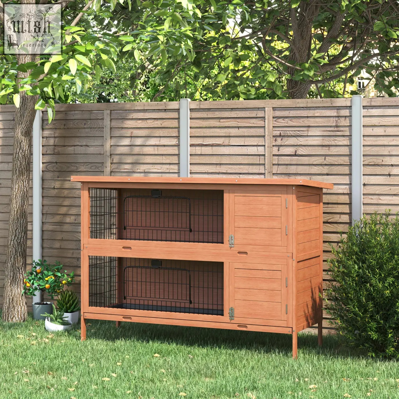 Pawhut two-level wooden rabbit hutch with fir wood, black wire mesh, no-leak trays, and asphalt roof in orange