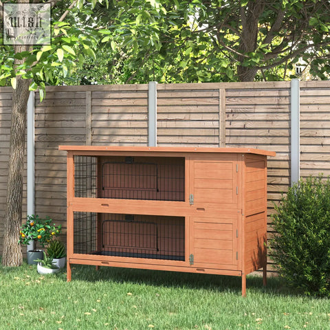 Pawhut two-level wooden rabbit hutch with fir wood, black wire mesh, no-leak trays, and asphalt roof in orange