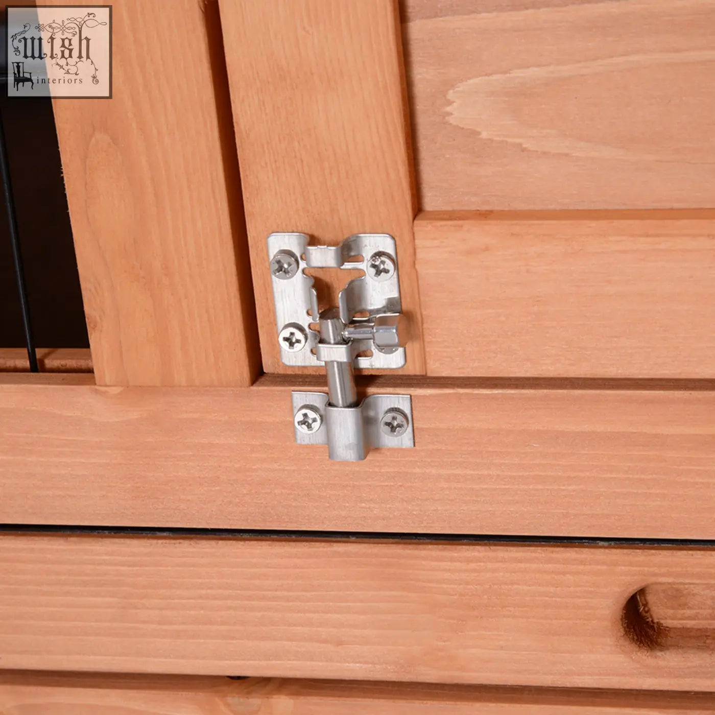 Silver-toned metal hinge on fir wood doors of pawhut rabbit hutch with asphalt roof for two pets in orange