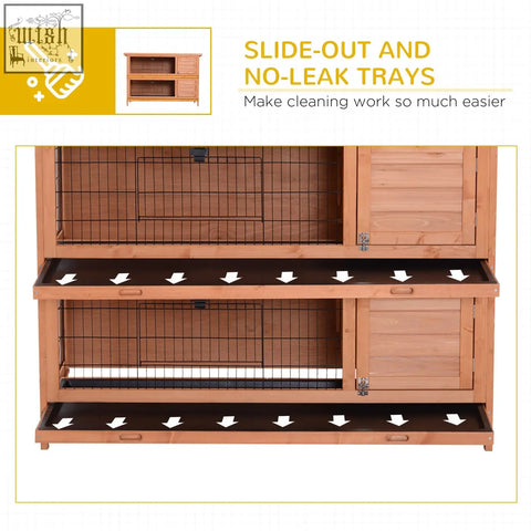 Two-tiered orange pawhut rabbit hutch with fir wood frame black no-leak trays asphalt roof for two pets