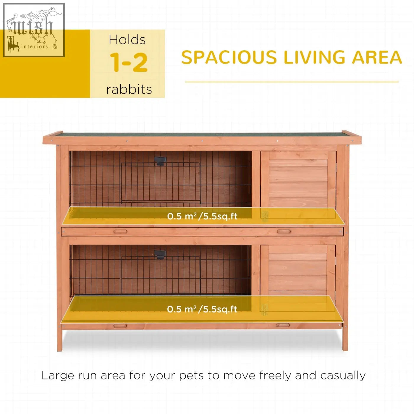 Two-tiered pawhut rabbit hutch with fir wood frame black wire mesh asphalt roof and no-leak yellow trays for two pets