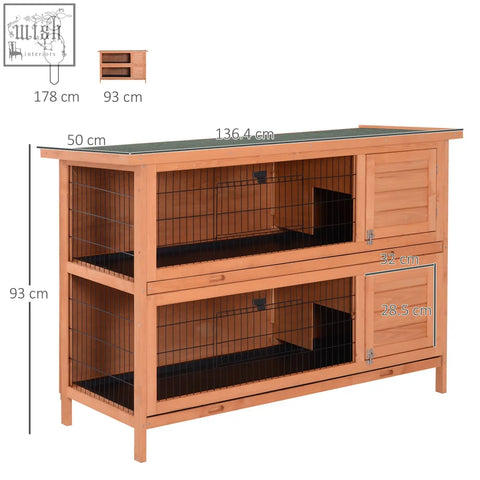 Two-tiered pawhut rabbit hutch with black wire mesh, fir wood frame, asphalt roof, and orange no-leak trays for two pets