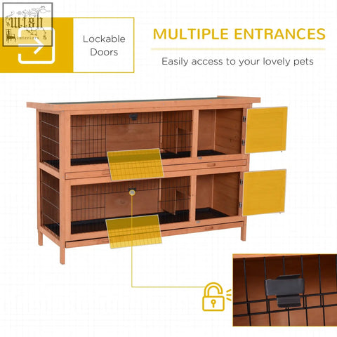 Two-tiered pawhut rabbit hutch in fir wood with yellow lockable doors wire mesh interior and asphalt roof for two pets