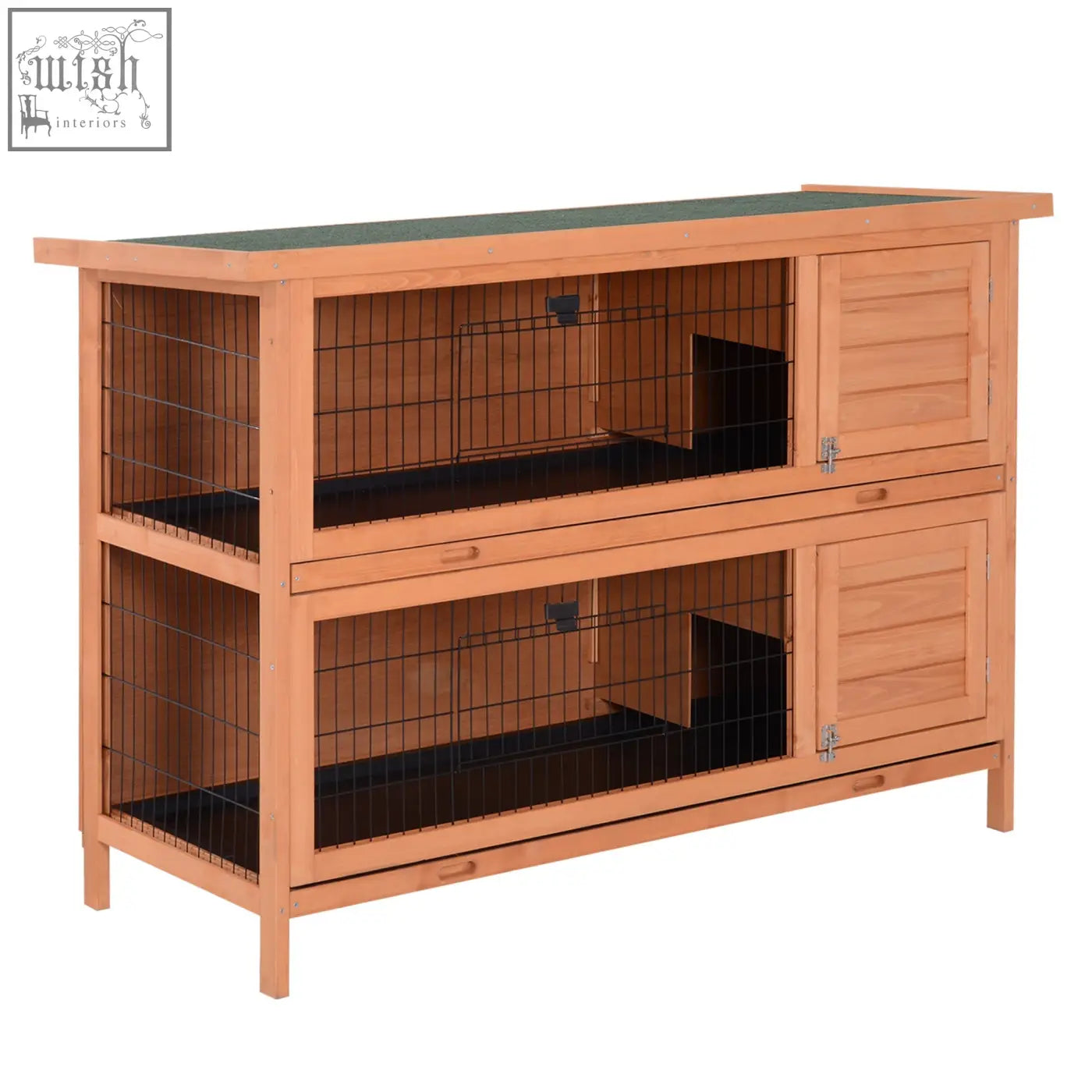 Pawhut two-tiered wooden rabbit hutch with black wire mesh fir wood frame and dark green asphalt roof for two pets