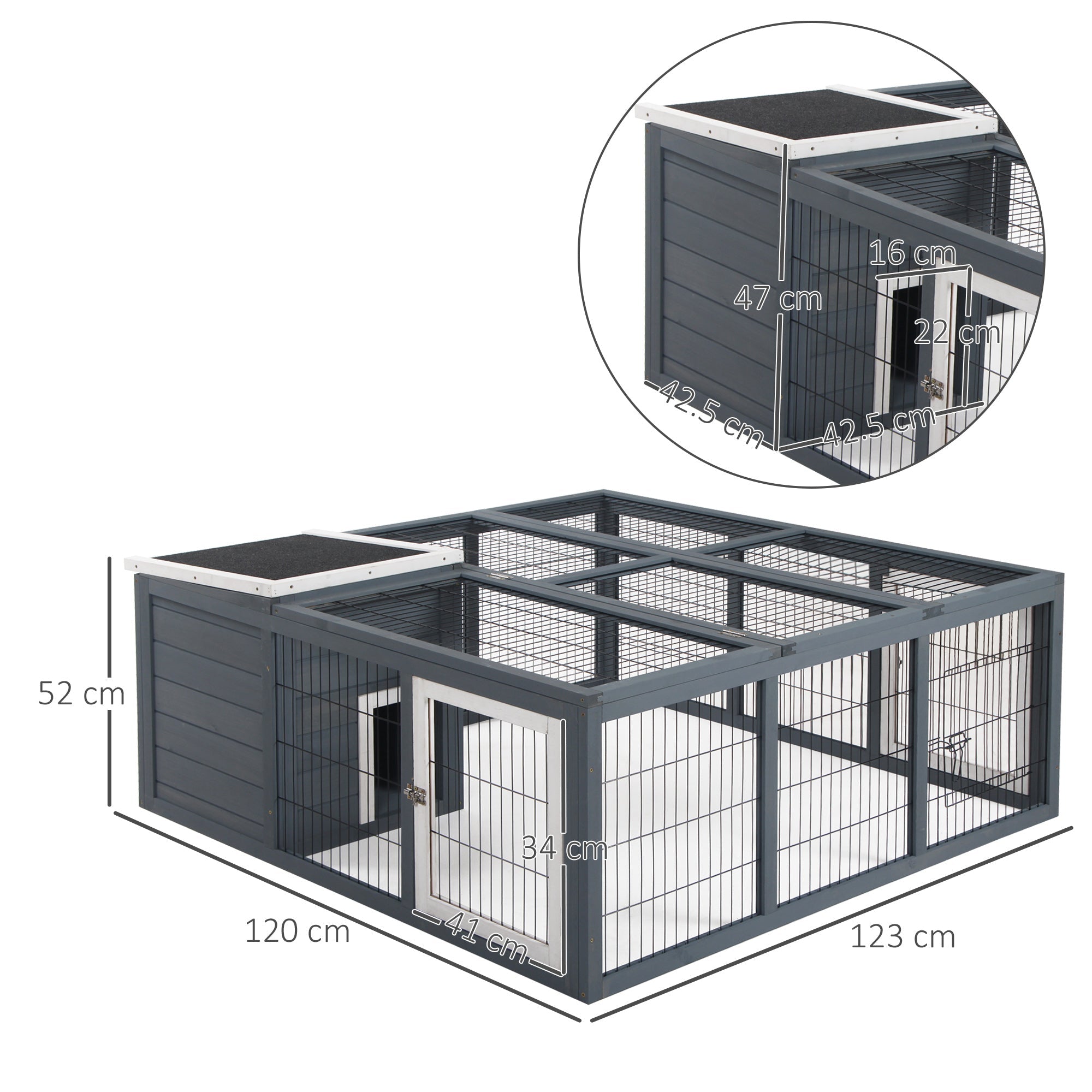 Dark gray and white metal rabbit hutch with wire mesh panels and open style built for 1-2 rabbits main house