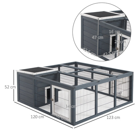 Dark gray and white metal rabbit hutch with wire mesh panels and open style built for 1-2 rabbits main house