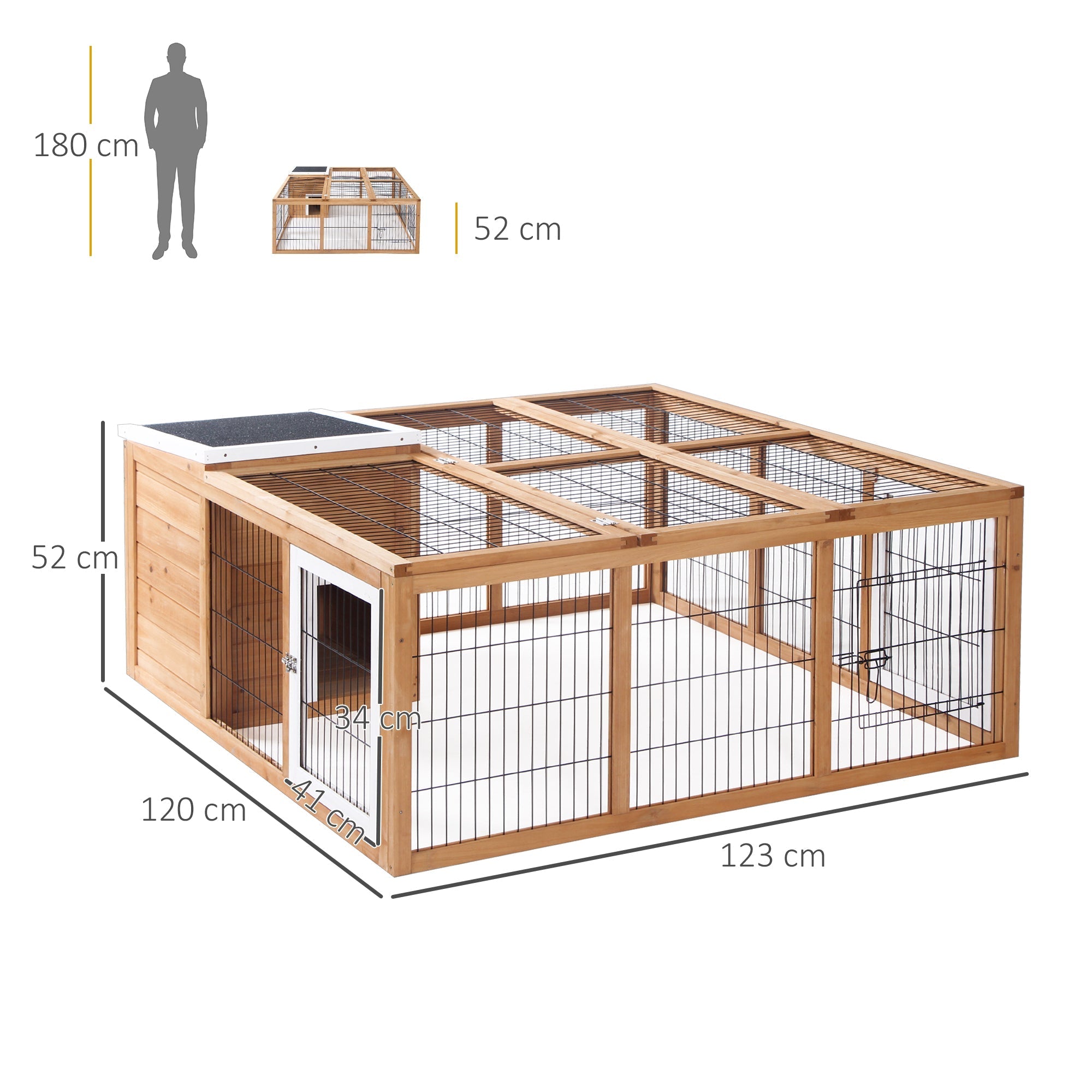 A spacious light-brown wooden pawhut rabbit hutch with black wire mesh and white door for 1-2 rabbits outdoors