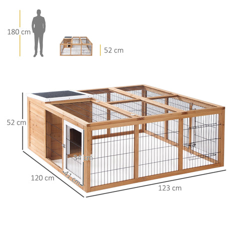A spacious light-brown wooden pawhut rabbit hutch with black wire mesh and white door for 1-2 rabbits outdoors