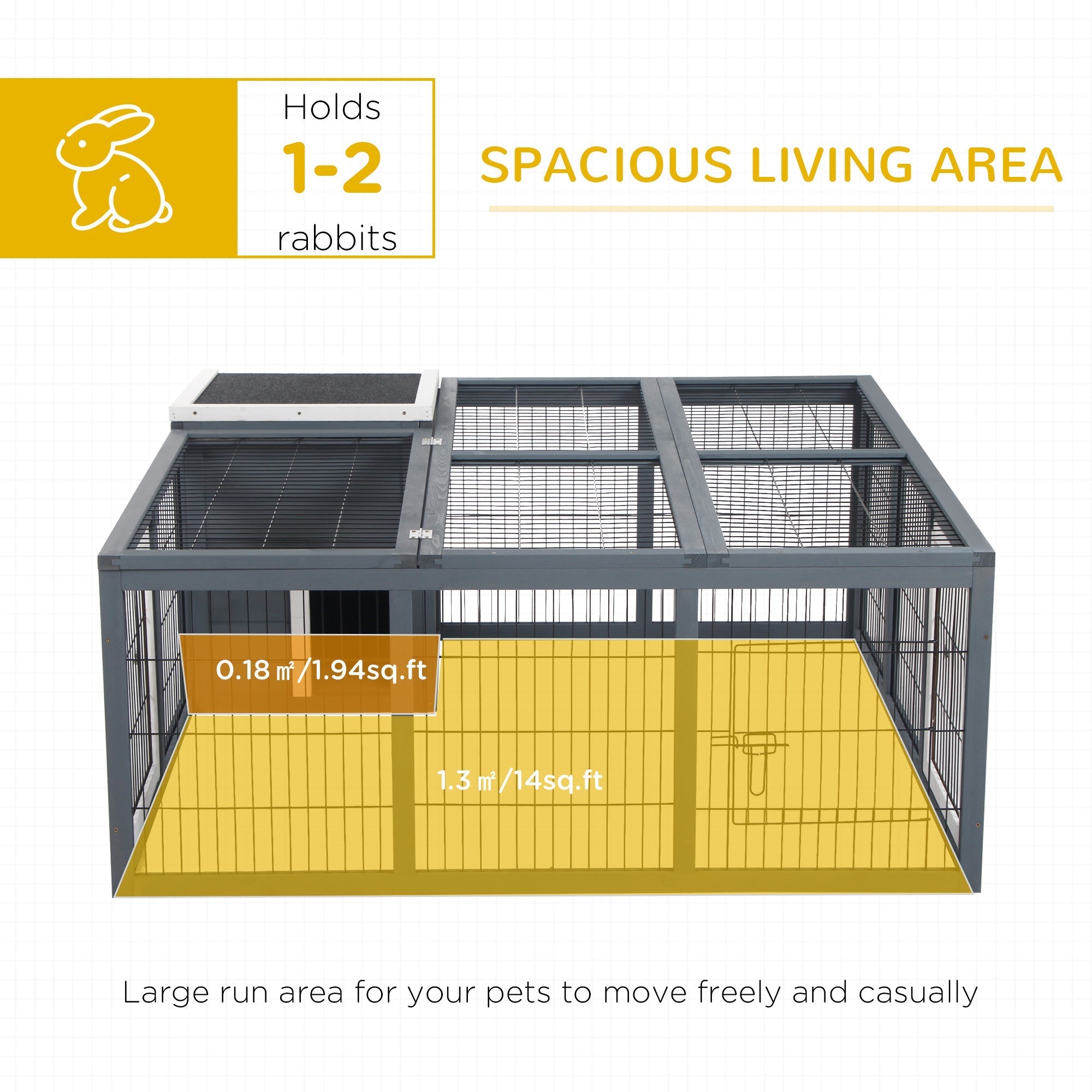 Gray metal rabbit hutch with black roof yellow interior open style built as main house for 1-2 rabbits