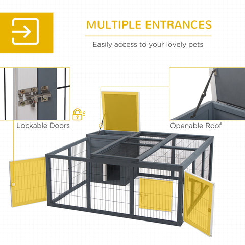 Black metal wire rabbit hutch with yellow doors and roof panels featuring open style built main house design in grey
