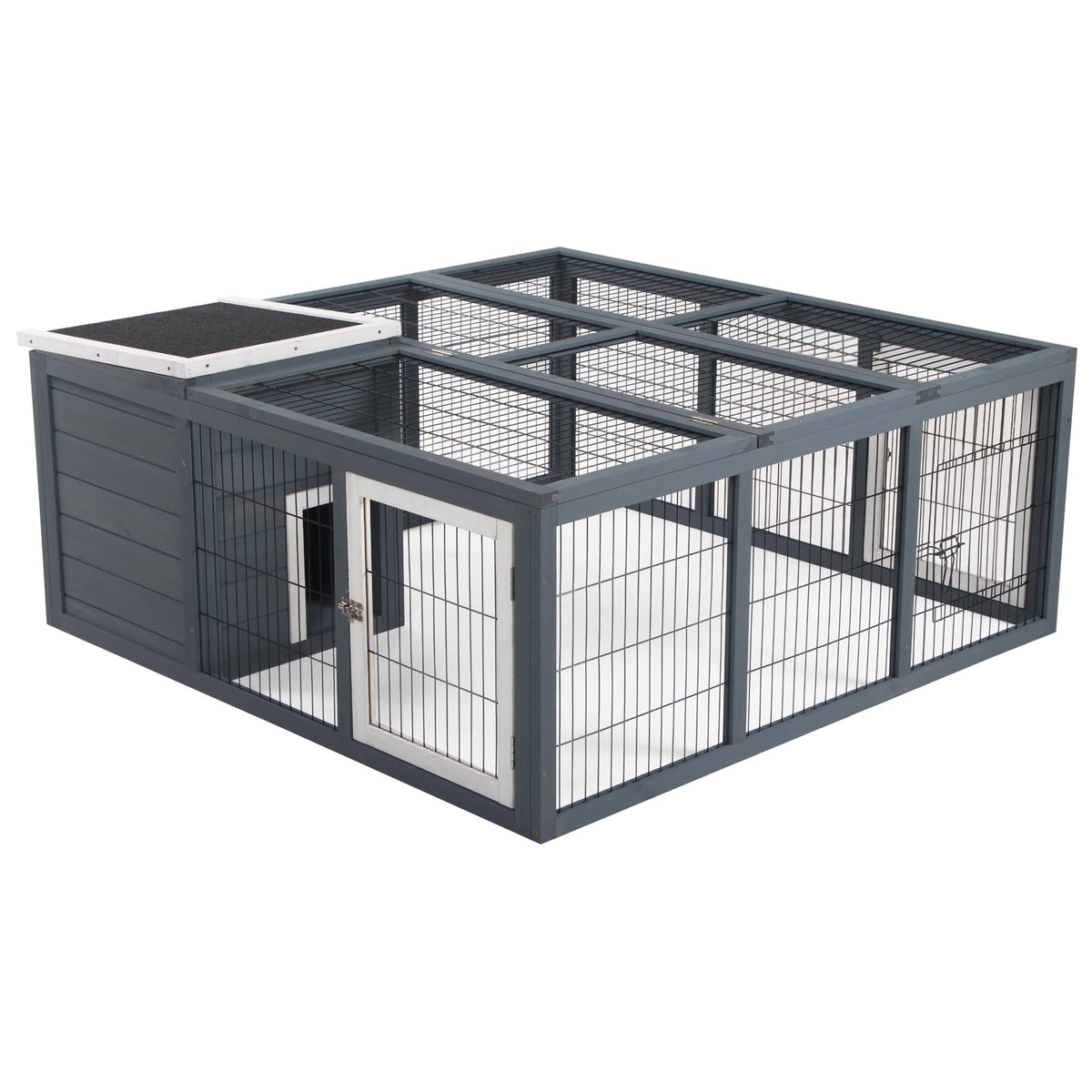 Dark gray wooden and metal rabbit hutch with white-framed door wire mesh panels open style built main house for rabbits