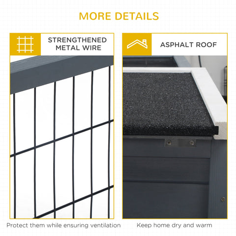 Dark gray metal wire rabbit hutch with asphalt roof and open style built top for 1-2 rabbits main house