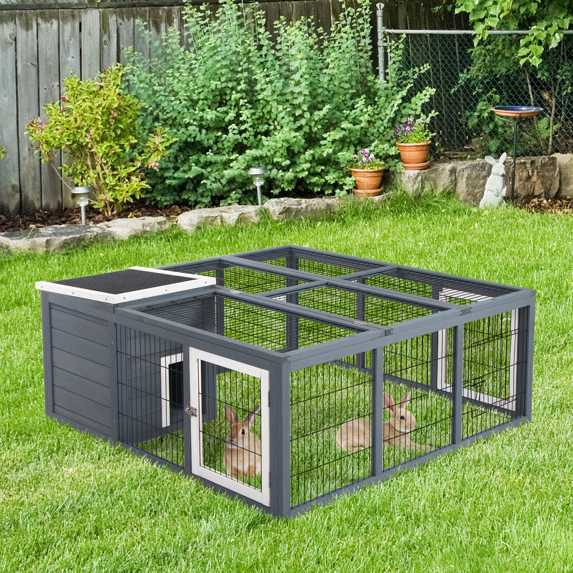 Dark gray metal PawHut rabbit hutch with white trim and open style built wire mesh panels for 1-2 rabbits