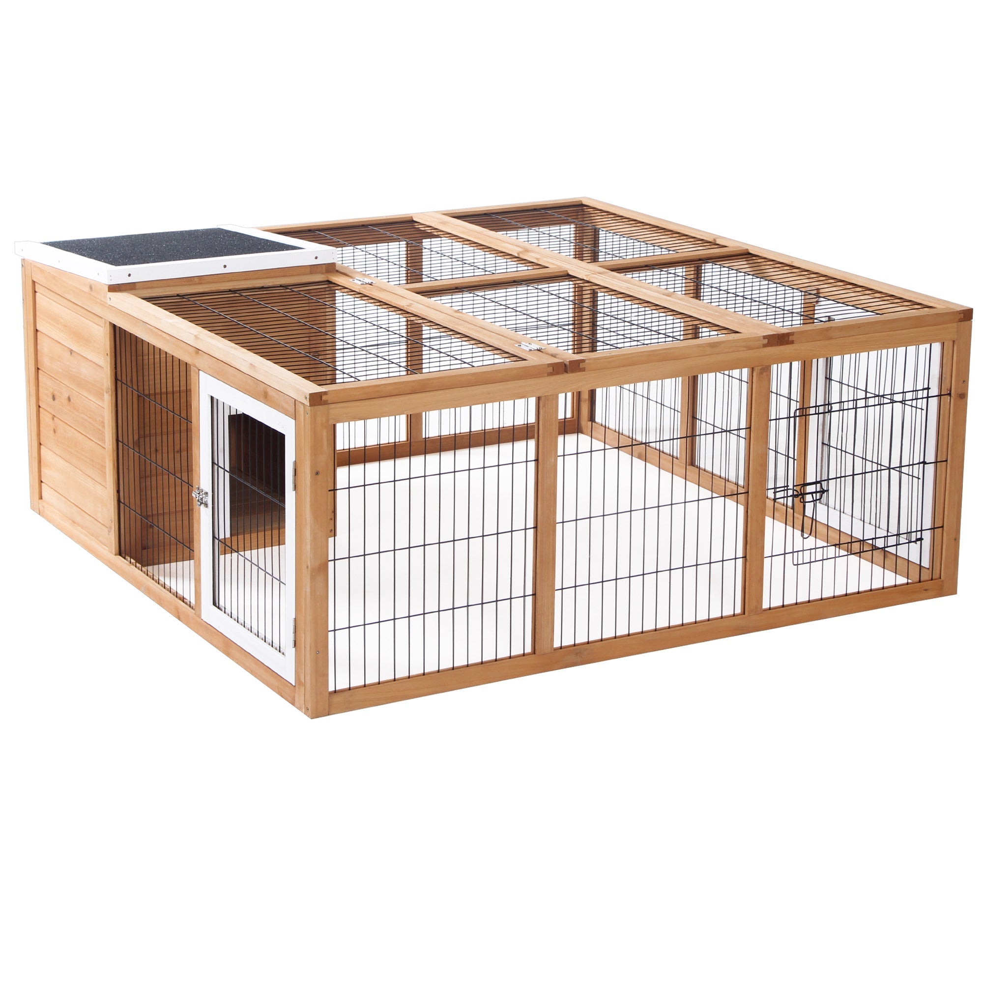 Pawhut rabbit hutch wooden and wire main house with white door black mesh and solar panel for 1-2 rabbits in yellow