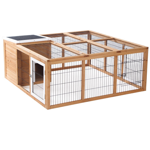 Pawhut rabbit hutch wooden and wire main house with white door black mesh and solar panel for 1-2 rabbits in yellow