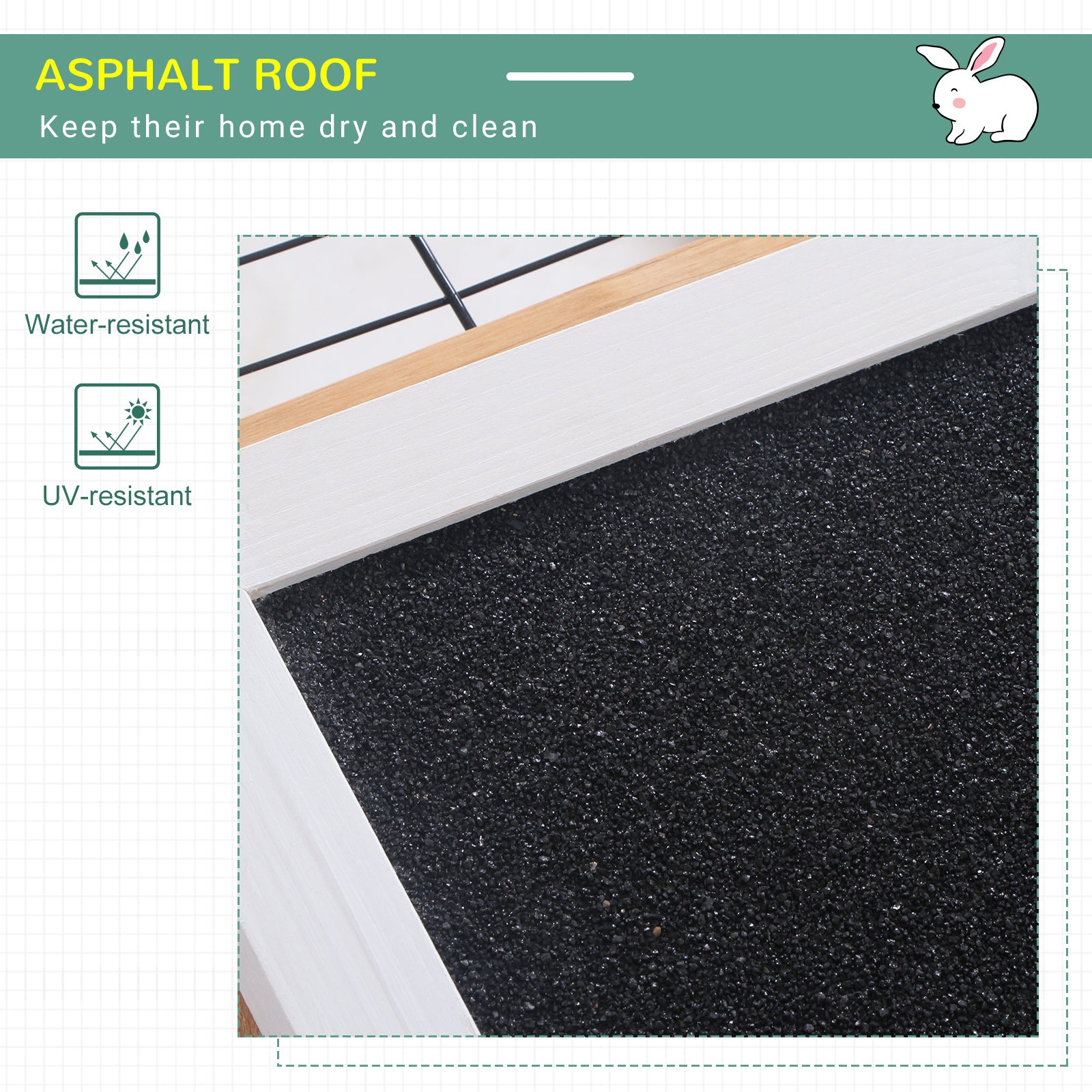 Black asphalt roof underlayment with textured surface for water and uv resistance on pawhut rabbit hutch main house in yellow