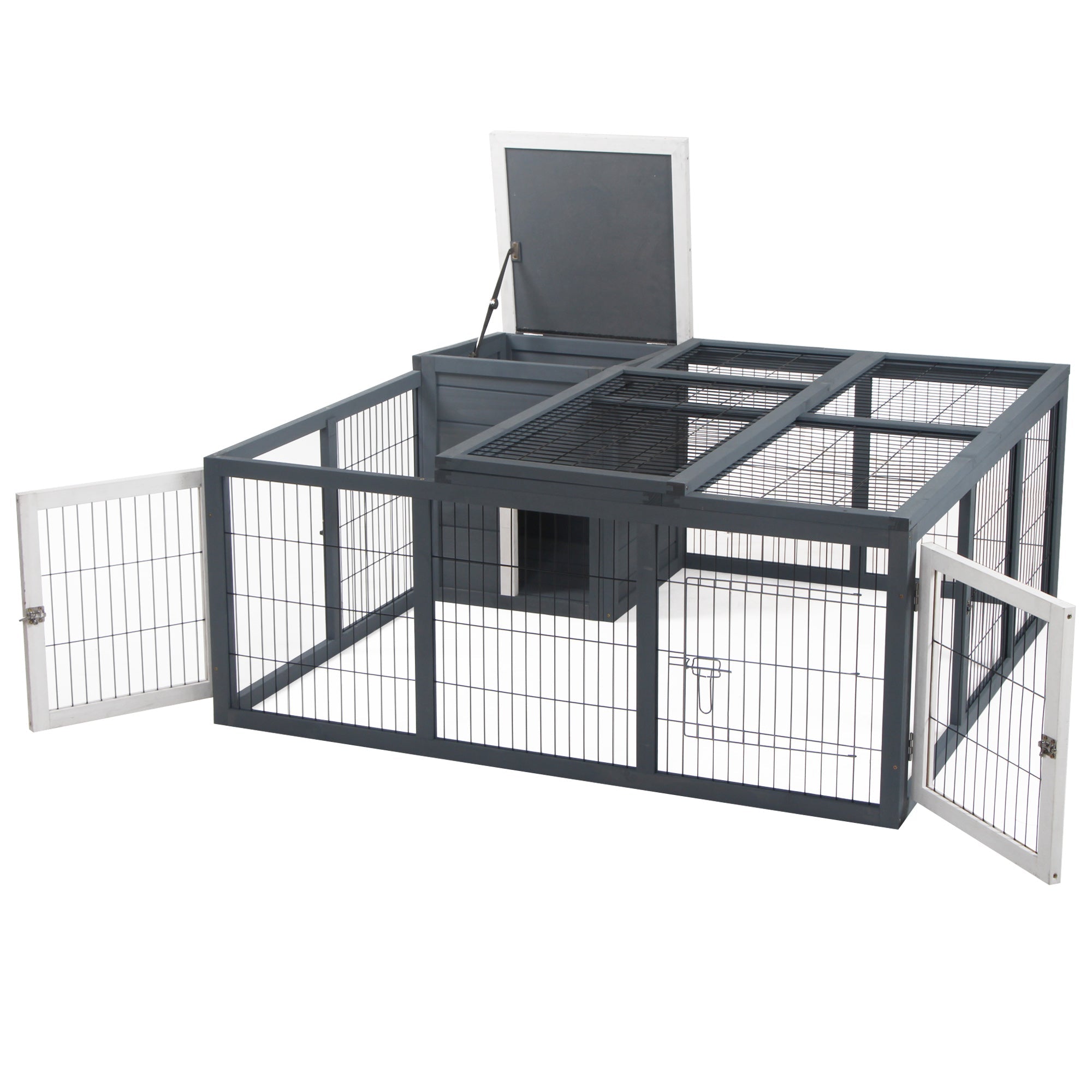 Dark gray metal rabbit hutch with white doors and open style built top access panel for easy main house entry