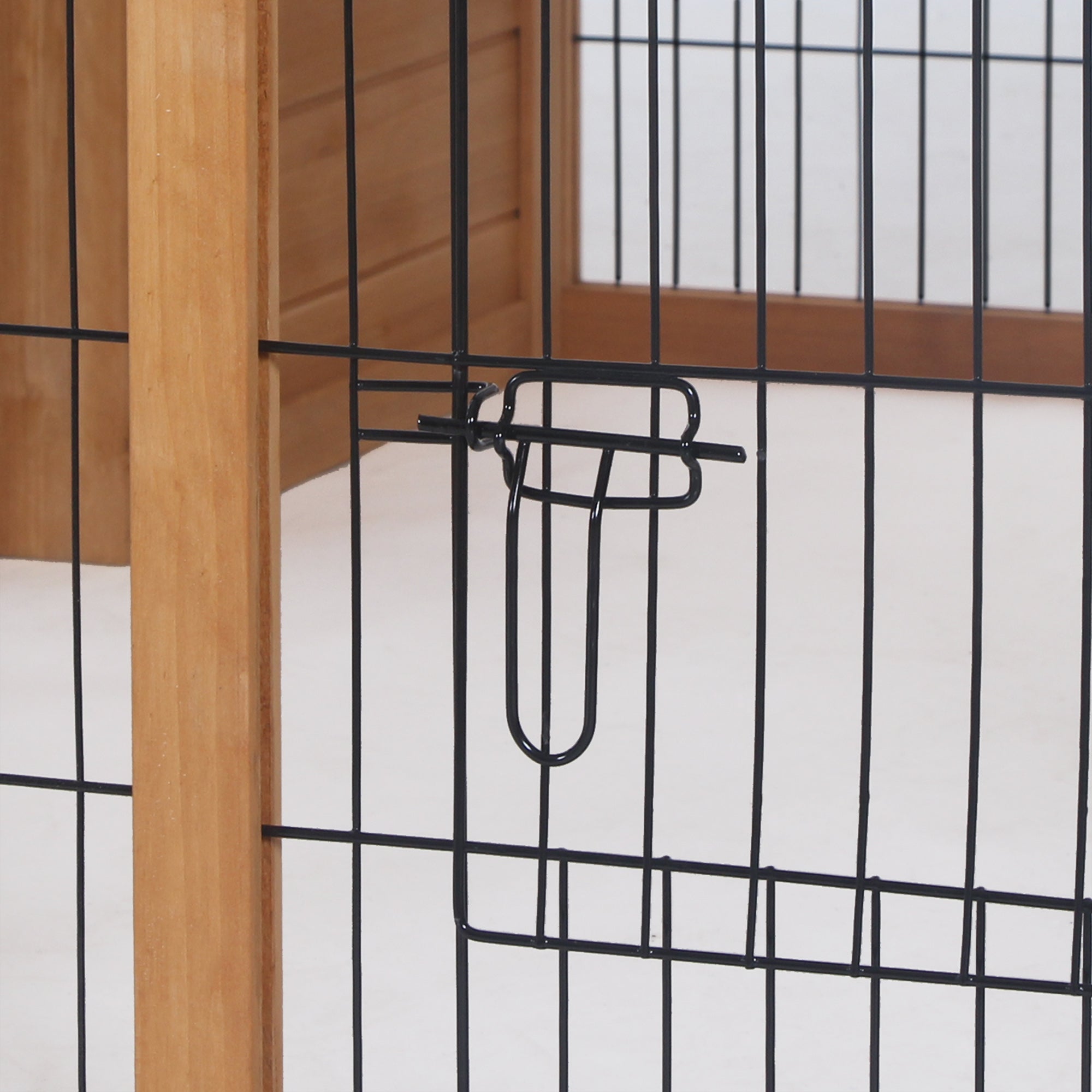 Black metal u-shaped gate latch on yellow pawhut rabbit hutch wire mesh main house for 1 to 2 rabbits
