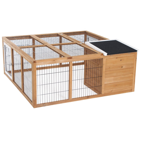 Light brown pawhut rabbit hutch with black wire mesh panels and white-trimmed black rubber roof main house for 1-2 rabbits