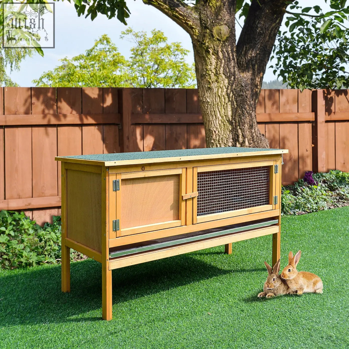 Light brown fir wood rabbit hutch with green roof wire mesh door and metal tray for small animals outdoor use