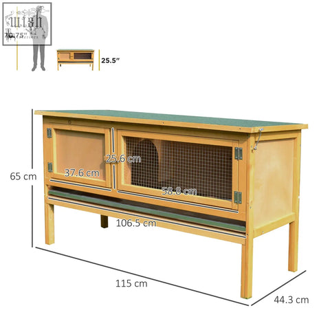 Light brown fir wood rabbit hutch with green roof and wire mesh door for small animals 115 x 44 x 65 cm