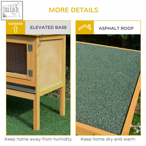 Wooden fir wood rabbit hutch with elevated base and asphalt roof for small animals like guinea pigs and bunnies